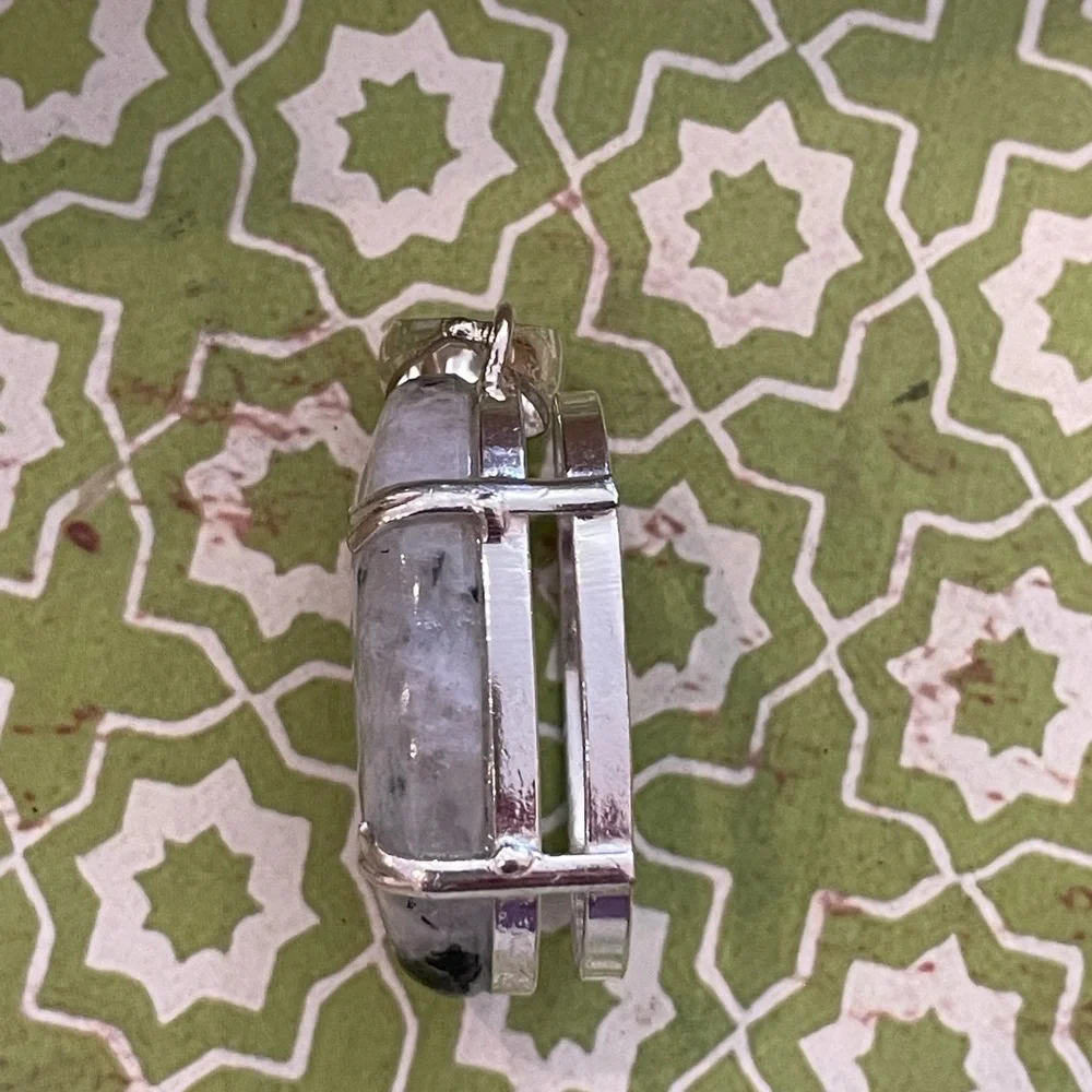 Natural Rainbow Moonstone Shimmering Iridescent Oval SS Plated Pendant - New - Picture 4 of 7